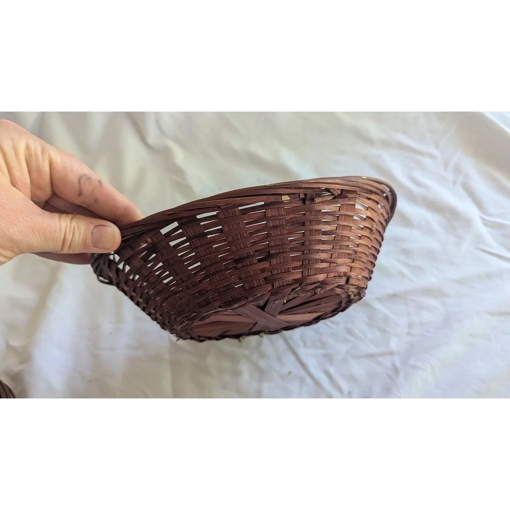 Set of 2 Vintage Dark Brown Woven Bamboo Oval Storage Baskets 8 Inch